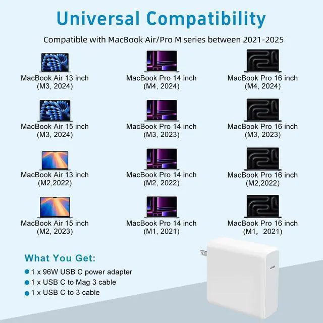 Chargeur Mac Book Air, 96W M3 M4 Chargeur Pour MacBook Pro 16