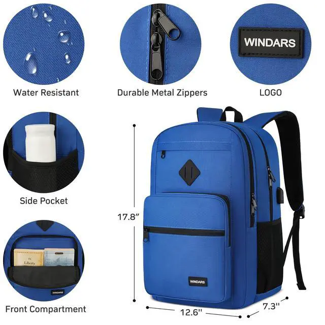 Alt view image 3 of 5 - WINDARS Backpack for Men Women, Durable Casual School Backpacks Teens Boys and Girls Classic 15.6 Inch Laptop Bookbag with USB Charger for College High School Work Travel (Dark Blue)