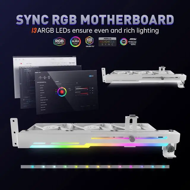 Alt view image 3 of 5 - AsiaHorse Graphics Card Cooler with ARGB 5V 3Pin LED and Three 80mm Fans, RGB LED Graphics Card Holder, GPU Cooler Easy Installation-White