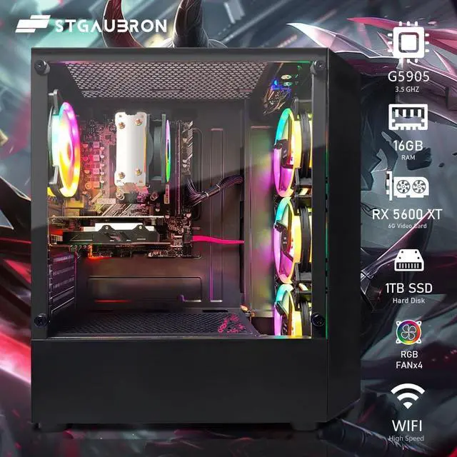 Alt view image 3 of 5 - STGAubron Gaming PC Computer Desktop, Intel 10th Gen G5905 3.5GHz, Radeon RX 5600XT 6G, 16GB DDR4, 1T SSD, 600M WiFi, BT 5.0, RGB Fan x4, Windows 11 Home