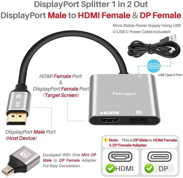 Alt view image 2 of 5 - DisplayPort to HDMI and DisplayPort Adapter (Dual 4K@60Hz), DP Splitter 1 in 2 Out Extended Display MST 1 DP Male to HDMI Female & DP Female for Dual Monitors, DP Splitter Hub for PC, Graphics Card