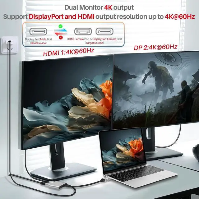 Alt view image 3 of 5 - DisplayPort to HDMI and DisplayPort Adapter (Dual 4K@60Hz), DP Splitter 1 in 2 Out Extended Display MST 1 DP Male to HDMI Female & DP Female for Dual Monitors, DP Splitter Hub for PC, Graphics Card