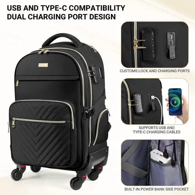 Alt view image 3 of 5 - star cloud Rolling Backpack for Women, 21"x14"x9",45L Travel Backpack with Wheels and USB & Type-C Charging Ports, Fits 17.3", Water-Resistant Carry-On Luggage for Work & Travel (Black)