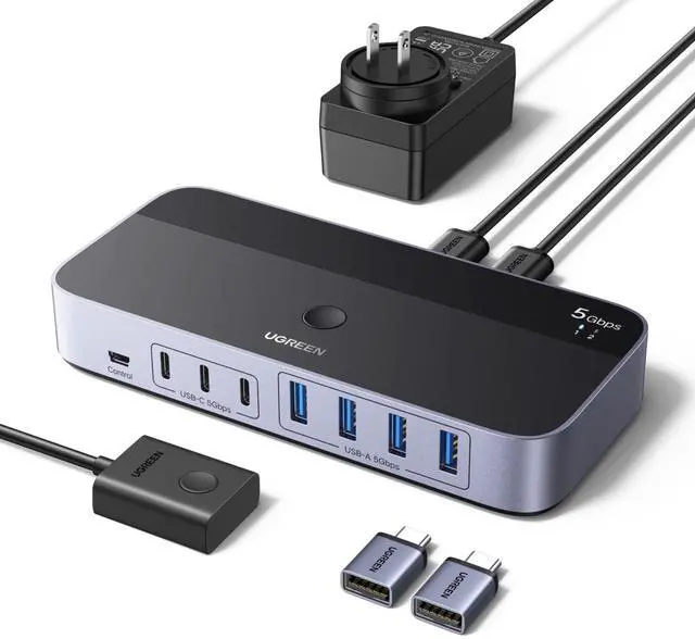 Main image of UGREEN 2-in 7-Out USB 3.0 Switch, USB Switcher for 2 Computers Sharing USB A & C Devices (4USB-A + 3USB-C), USB Switches Sharing Keyboard and Mouse with Controller, USB-C Male Adapter, Power Adapter