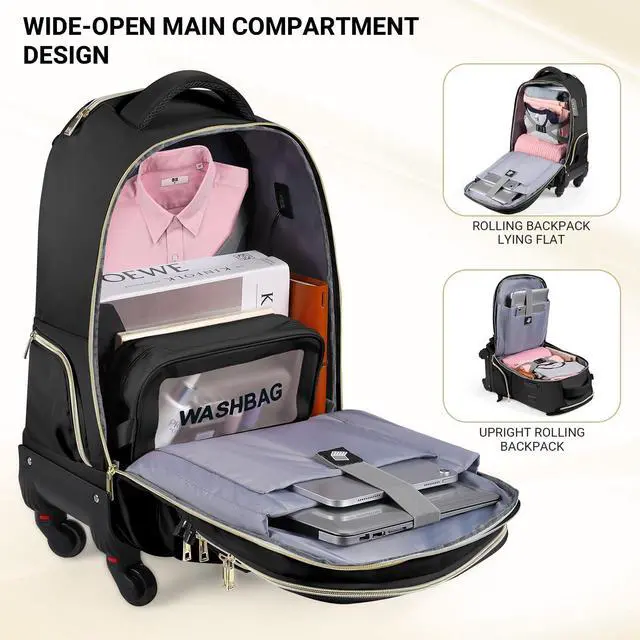 Alt view image 4 of 5 - star cloud Rolling Backpack for Women, 21"x14"x9",45L Travel Backpack with Wheels and USB & Type-C Charging Ports, Fits 17.3", Water-Resistant Carry-On Luggage for Work & Travel (Black)