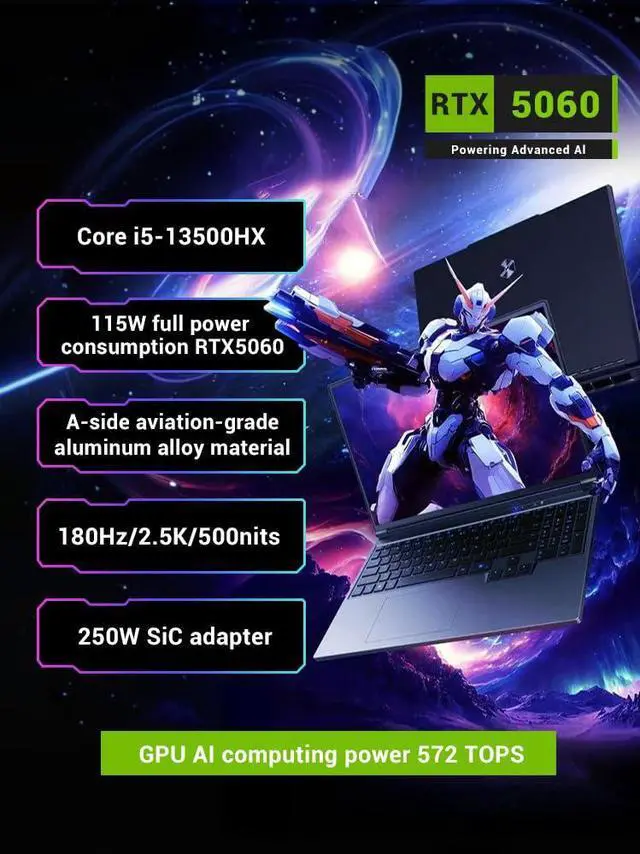 Alt view image 2 of 5 - FIREBAT Laptop Computer, RTX 5060, 16in WQXGA 2560x1600 180Hz 500nits, Intel Core 13500HX CPU, Backlit, 1TB PCIe Gen4 SSD, 16GB DDR5 RAM, Notebook Gaming Laptop Gamer PCMECHREVO KuangshiX