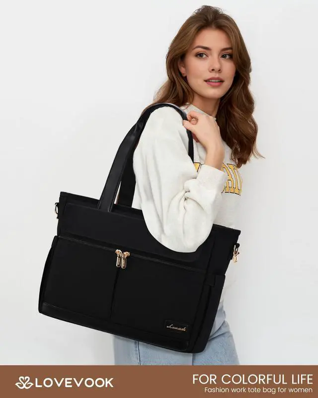 Alt view image 2 of 5 - LOVEVOOK Upgrade Version Work Bags for Women 15.6 Inch Laptop Bag Large Capacity Mutiple Pockets Teacher Bag Water Resistant Canvas Tote Bag Purse for Office Travel College Nurse Teacher, Black