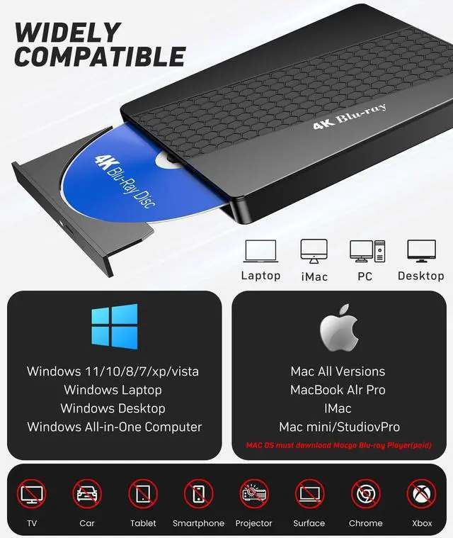 Alt view image 3 of 5 - XRTFORE External 4k Blu Ray Drive for Pc,Portable 4k UHD Blu Ray Player,SD/TF Port with Carry Case, US8 3.0 HD Blu-Ray Player,DVD+/-RW External Optical Drive for MacBook Pro Windows Laptop
