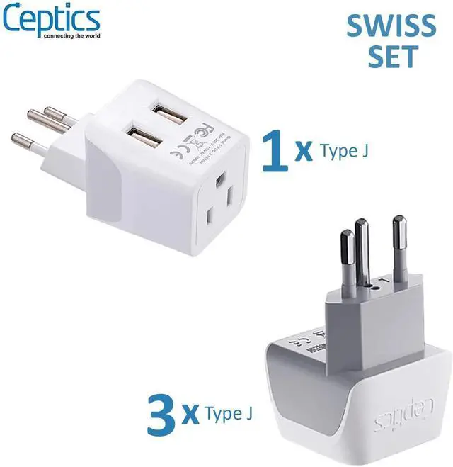 Alt view image 2 of 5 - Swiss Travel Adapter Bundle by Ceptics - Type J - Charge Multiple Devices at Once - USA to Switzerland, Liechtenstein, Rwanda - Multipack - for Your Cell Phones, Tablets, iPhone, Camera