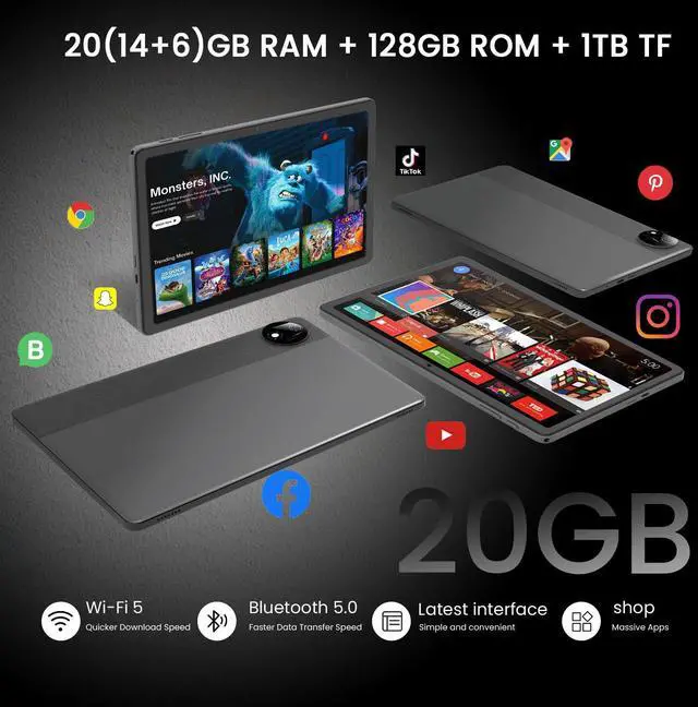 Alt view image 4 of 5 - 2025 Tablet 11 Inch Android 15 Tablet, 20 GB RAM 128 GB ROM 1TB TF, 1280x800 HD IPS, 8000 mAh, 2.4G/5G WiFi BT 5.0, GMS Certified, Octa-Core, 5MP + 8MP Dual Cameras, Keyboard Mouse, case (Black)