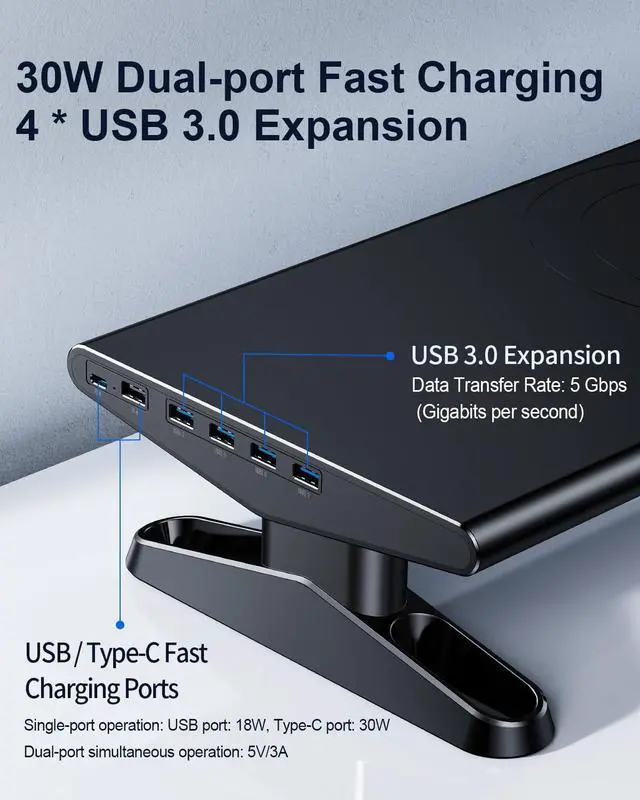 Alt view image 3 of 5 - OATSBASF Monitor Stand Riser with 3.0 USB HUB, Type-C Data Port, 4 USB Ports, Height Adjustable Monitor Stands with Phone Holder, Desk Organizer for PC, Laptop, Printer, TV