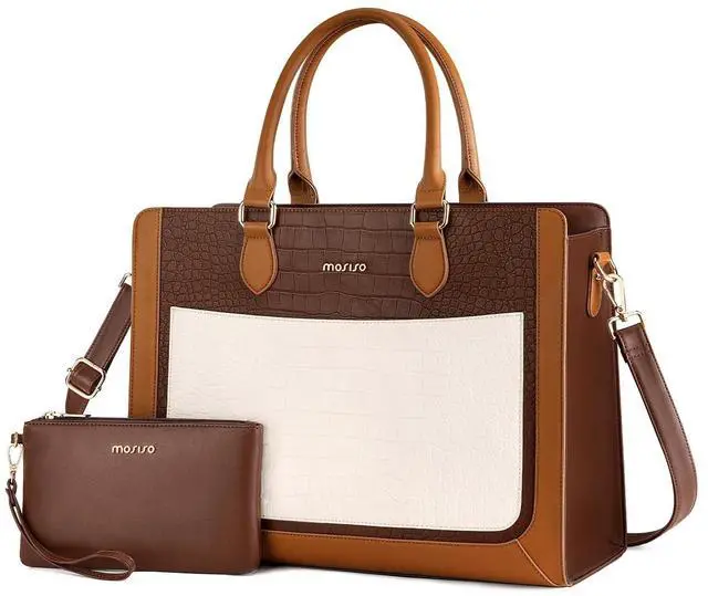 Main image of MOSISO Laptop Tote Bag for Women, 15.6 inch PU Leather Large Capacity Handbag & Clutch Purse & Front Pocket, Crocodile Grain Waterproof Computer Bag Work Briefcase for Business Office, Brown