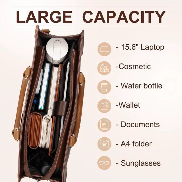 Alt view image 3 of 5 - MOSISO Laptop Tote Bag for Women, 15.6 inch PU Leather Large Capacity Handbag & Clutch Purse & Front Pocket, Crocodile Grain Waterproof Computer Bag Work Briefcase for Business Office, Brown