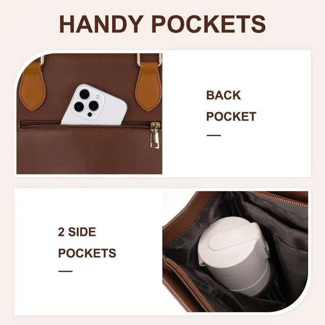 Alt view image 4 of 5 - MOSISO Laptop Tote Bag for Women, 15.6 inch PU Leather Large Capacity Handbag & Clutch Purse & Front Pocket, Crocodile Grain Waterproof Computer Bag Work Briefcase for Business Office, Brown