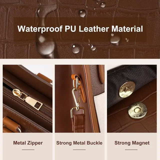 Alt view image 5 of 5 - MOSISO Laptop Tote Bag for Women, 15.6 inch PU Leather Large Capacity Handbag & Clutch Purse & Front Pocket, Crocodile Grain Waterproof Computer Bag Work Briefcase for Business Office, Brown