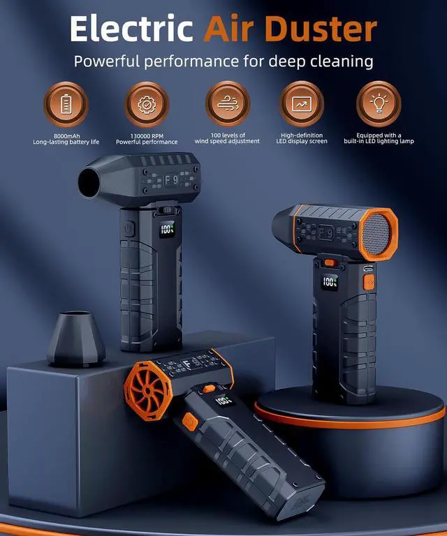 Alt view image 2 of 5 - Compressed Air Duster - 100 - Gear Adjustable 130,000 RPM Rechargeable Cordless Electric Air Duster with Display Screen, Mini Dust Blower for Computer, Keyboard, Home, Car Cleaning (Black + Orange)
