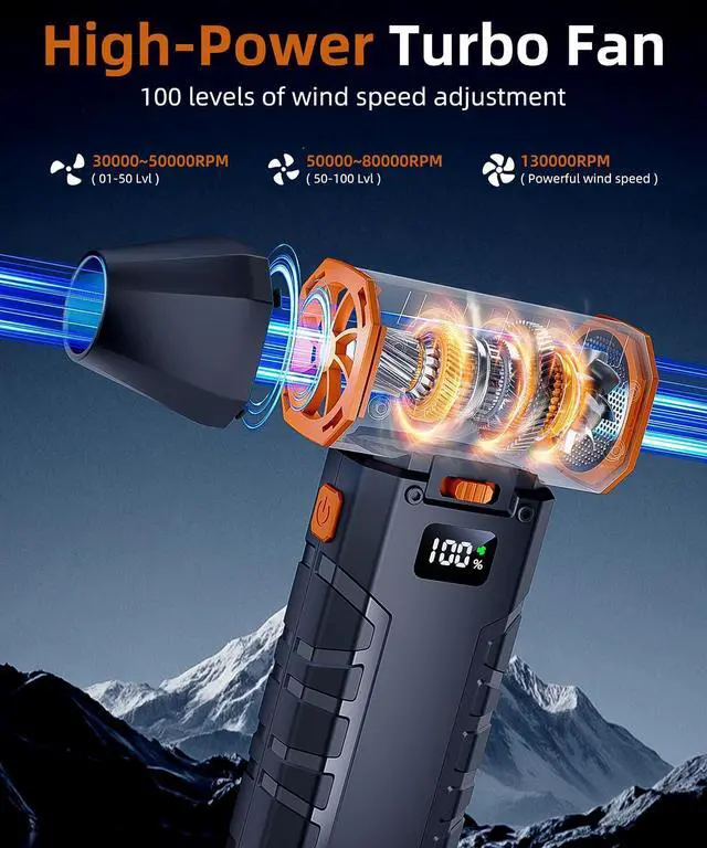 Alt view image 3 of 5 - Compressed Air Duster - 100 - Gear Adjustable 130,000 RPM Rechargeable Cordless Electric Air Duster with Display Screen, Mini Dust Blower for Computer, Keyboard, Home, Car Cleaning (Black + Orange)