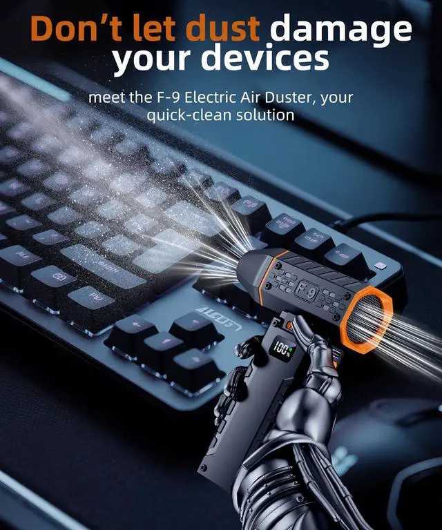 Alt view image 4 of 5 - Compressed Air Duster - 100 - Gear Adjustable 130,000 RPM Rechargeable Cordless Electric Air Duster with Display Screen, Mini Dust Blower for Computer, Keyboard, Home, Car Cleaning (Black + Orange)