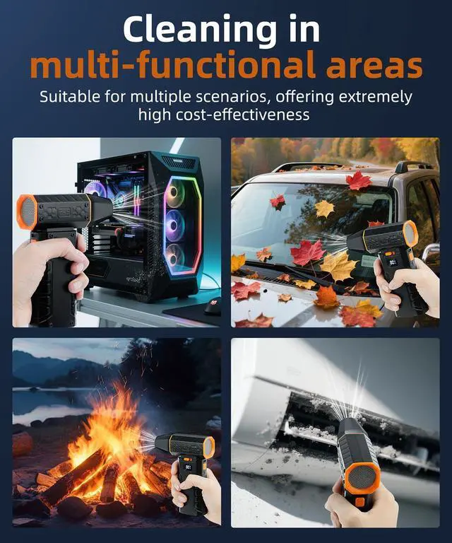 Alt view image 5 of 5 - Compressed Air Duster - 100 - Gear Adjustable 130,000 RPM Rechargeable Cordless Electric Air Duster with Display Screen, Mini Dust Blower for Computer, Keyboard, Home, Car Cleaning (Black + Orange)