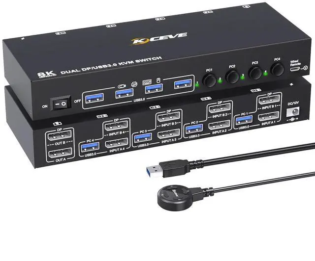 Main image of DP KVM Switch 2 Monitor 4 Computers Support 4K@60Hz USB 3.0 KVM Switches Share Dual Monitors and 4 USB 3.0 Ports Support Extended/Copy Mode with DC 12V Adapter&Wired Controller