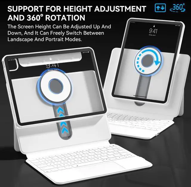 Alt view image 4 of 5 - Uminy Keyboard Case for 2024 iPad Pro 13-inch (M4), 360° Rotating Transparent Case with Wireless Keyboard, 7-Color Backlight, Multi-Touch Trackpad, with Pen Holder, White