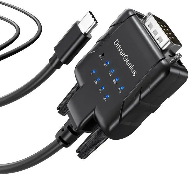 Main image of DriverGenius SerialPulseX USB-C to Serial RS232 DB9 Adapter with 9 x LED Indicators - Prolific PL2303GC - Compatible with Windows 11, macOS 15, Linux (USB232A-E-C, 3ft/1m)