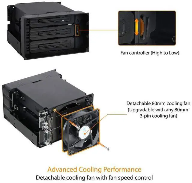 Alt view image 4 of 5 - ICY DOCK Hot Swap 3 Bay 3.5 Inch SATA/SAS HDD Docking Enclosure Mobile Rack in 2 x 5.25 Inch Drive Bay (Include 3X SATA Cables) | flexiDOCK MB830SP-B