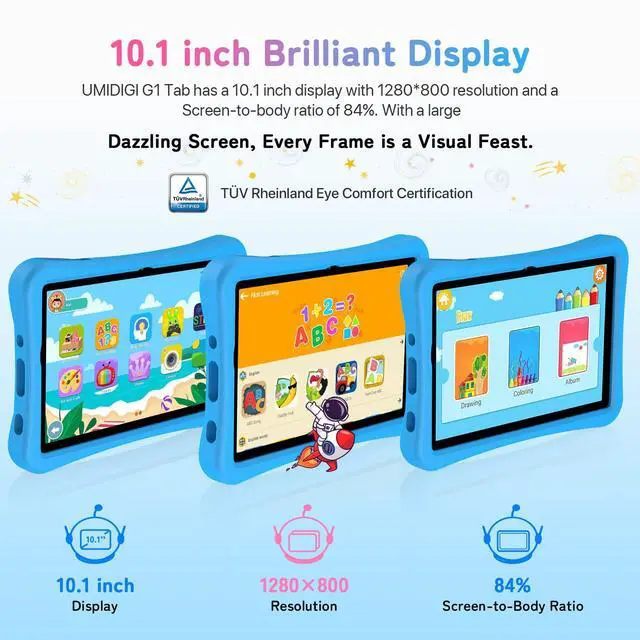 Alt view image 2 of 5 - UMIDIGI Kids Tablet, G1 Tab Android for Kids, 10.1", 4+4G+64G up to 1TB, WiFi 6, 8MP+8MP Dual Camera, Quad-Core, 6000mAh, BT5.0, TÜV Eye Bluelight Tablet Android, Parental Control