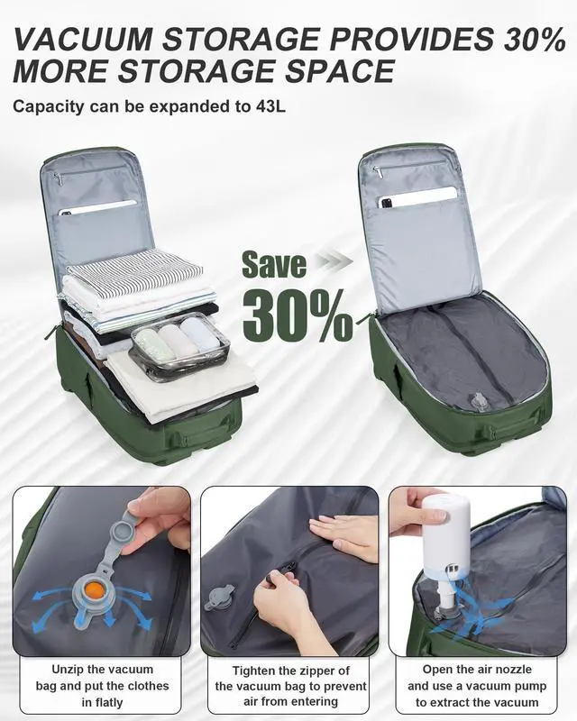 Alt view image 3 of 5 - sikazan Vacuum Seal Travel Backpack with Pump, Waterproof Travel Backpack Carry On for Women Men with Vacuum System & Shoe Compartment System, Laptop Backpack, Green