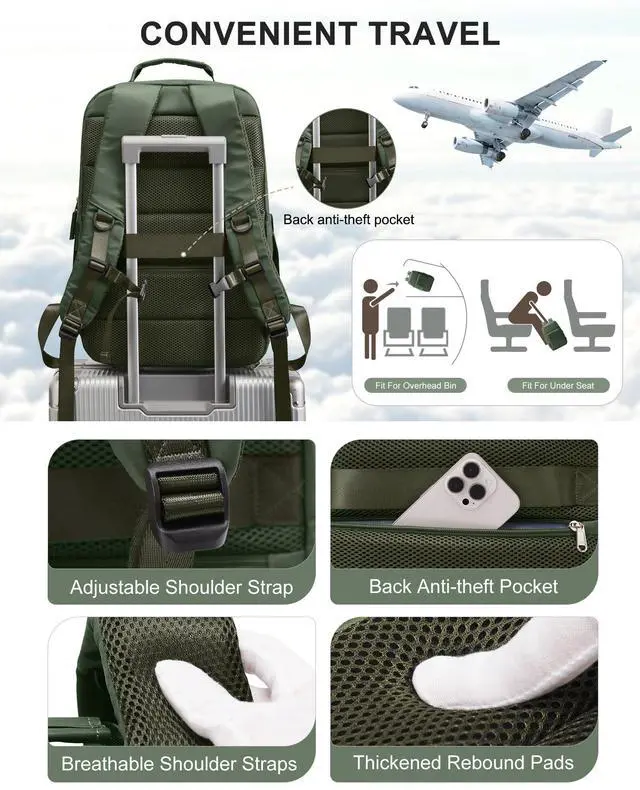 Alt view image 4 of 5 - sikazan Vacuum Seal Travel Backpack with Pump, Waterproof Travel Backpack Carry On for Women Men with Vacuum System & Shoe Compartment System, Laptop Backpack, Green