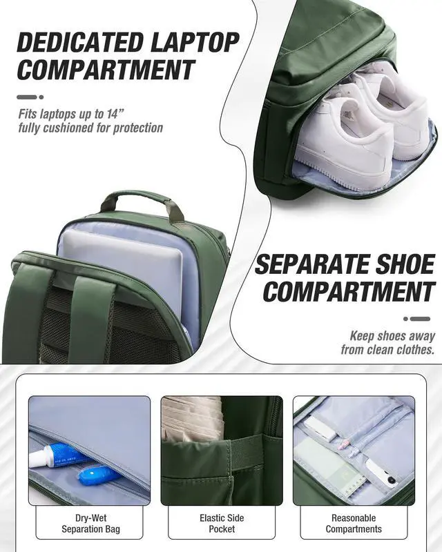 Alt view image 5 of 5 - sikazan Vacuum Seal Travel Backpack with Pump, Waterproof Travel Backpack Carry On for Women Men with Vacuum System & Shoe Compartment System, Laptop Backpack, Green