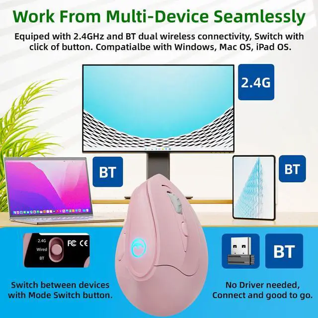 Alt view image 3 of 5 - IFYOO 2.4G and BT 5.1 Dual Mode RGB Rechargeable Wireless Vertical Ergonomic Mouse, 5 Side Buttons, Max 8400 DPI, for PC Computer Notebook Laptop, for Windows 11 10, Mac iPad OS, Android - Pink