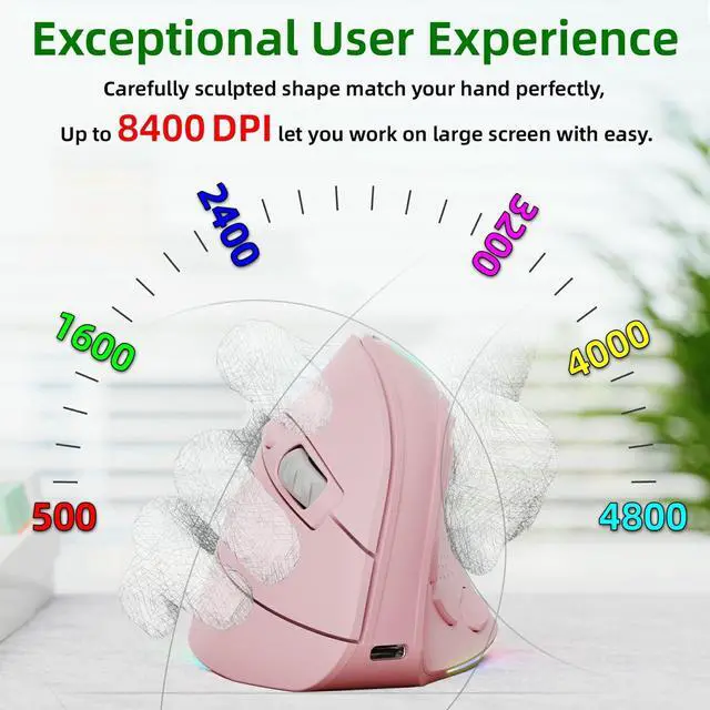 Alt view image 5 of 5 - IFYOO 2.4G and BT 5.1 Dual Mode RGB Rechargeable Wireless Vertical Ergonomic Mouse, 5 Side Buttons, Max 8400 DPI, for PC Computer Notebook Laptop, for Windows 11 10, Mac iPad OS, Android - Pink