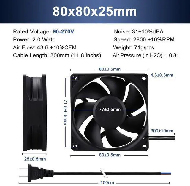 Alt view image 2 of 5 - Wathai EC 80mm 120mm 110V 120V 220V 240V Muffin Fan Dual Ball with AC Wall Plug for Small Electronics Computer Project Cooling 2 Pack