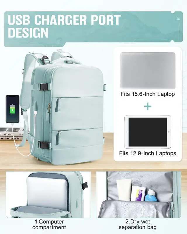 Alt view image 5 of 5 - VENATIN Vacuum Backpack Travel,Travel Backpack with Vacuum System,Vacuum Seal Compression Backpack with Pump for Travel,Flight Approved 18x14x8 inches Laptop Bag,Light Blue