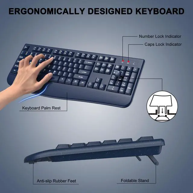 Alt view image 2 of 5 - Wireless Keyboard and Mouse Combo, ULSOU 2.4G Full-Sized Ergonomic Computer Keyboard with Wrist Rest and 3 Level DPI Adjustable Wireless Mouse for Windows, Mac OS Desktop/Laptop/PC(Blue)