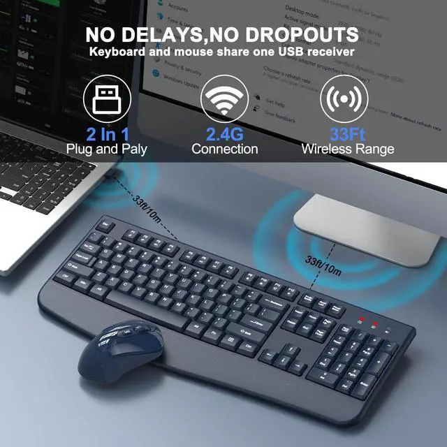 Alt view image 4 of 5 - Wireless Keyboard and Mouse Combo, ULSOU 2.4G Full-Sized Ergonomic Computer Keyboard with Wrist Rest and 3 Level DPI Adjustable Wireless Mouse for Windows, Mac OS Desktop/Laptop/PC(Blue)