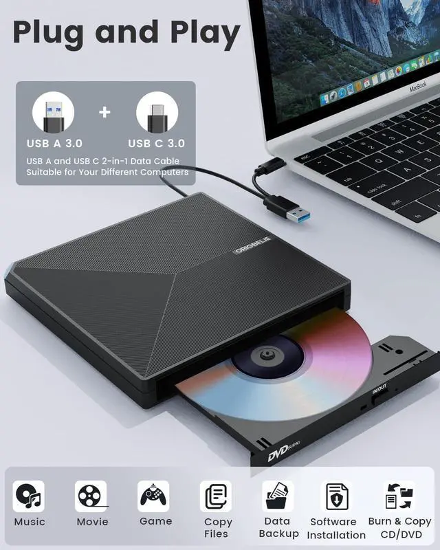Alt view image 2 of 5 - ORIGBELIE External CD DVD Drive, Portable Type C & A USB 3.0 DVD +/-RW Player Burner Reader Writer Optical CD ROM Disc Drive for MacBook Laptop Desktop PC Mac OS Windows Linux with Carrying Case