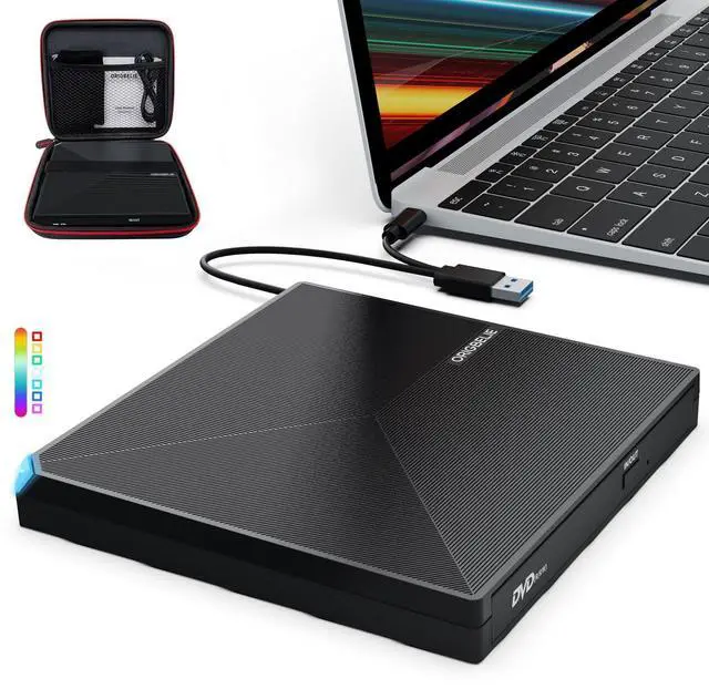 Main image of ORIGBELIE External CD DVD Drive, Portable Type C & A USB 3.0 DVD +/-RW Player Burner Reader Writer Optical CD ROM Disc Drive for MacBook Laptop Desktop PC Mac OS Windows Linux with Carrying Case