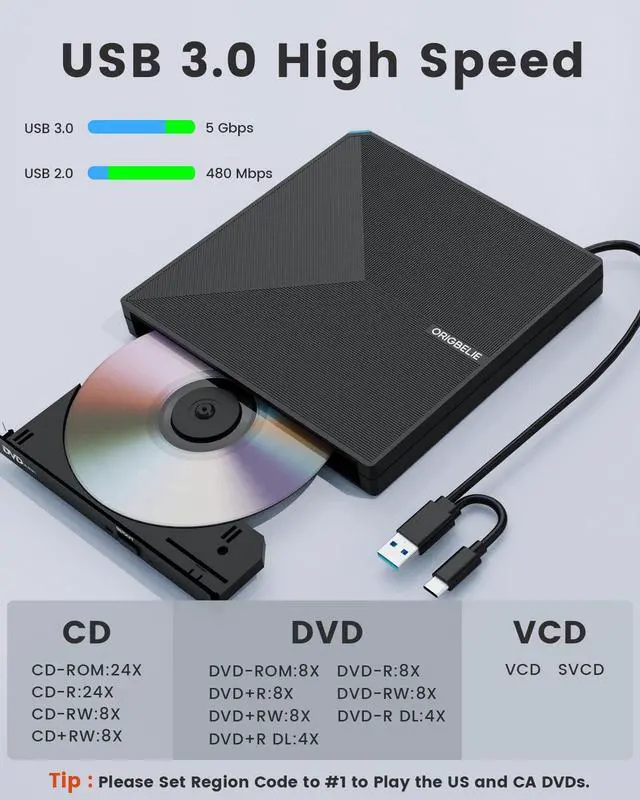 Alt view image 3 of 5 - ORIGBELIE External CD DVD Drive, Portable Type C & A USB 3.0 DVD +/-RW Player Burner Reader Writer Optical CD ROM Disc Drive for MacBook Laptop Desktop PC Mac OS Windows Linux with Carrying Case