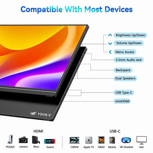 Alt view image 4 of 5 - Veout V1Pro 16-inch 2.5K 144Hz Portable Gaming Monitor in 4 Colors (Black/Silver/Pink/Blue), IPS with FreeSync, USB-C & Mini HDMI for Laptop/Mac/PS5/Xbox/Switch - Travel Second Screen