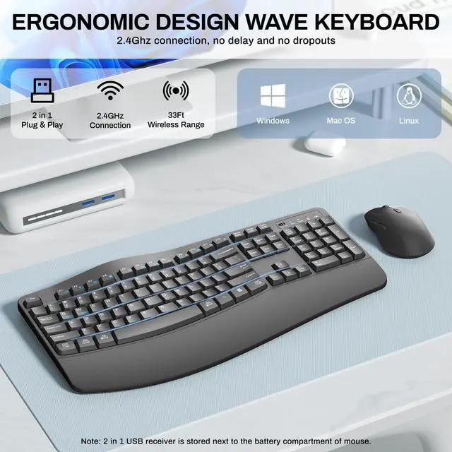 Alt view image 2 of 5 - Wireless Keyboard and Mouse Combo,2.4G Full Size Wave Keys Ergonomic Keyboard with Wrist Rest for Natural Typing, 3 DPI Adjustable Ergonomic Silent Mouse for Computer/Laptop/Windows/Mac (Grey)