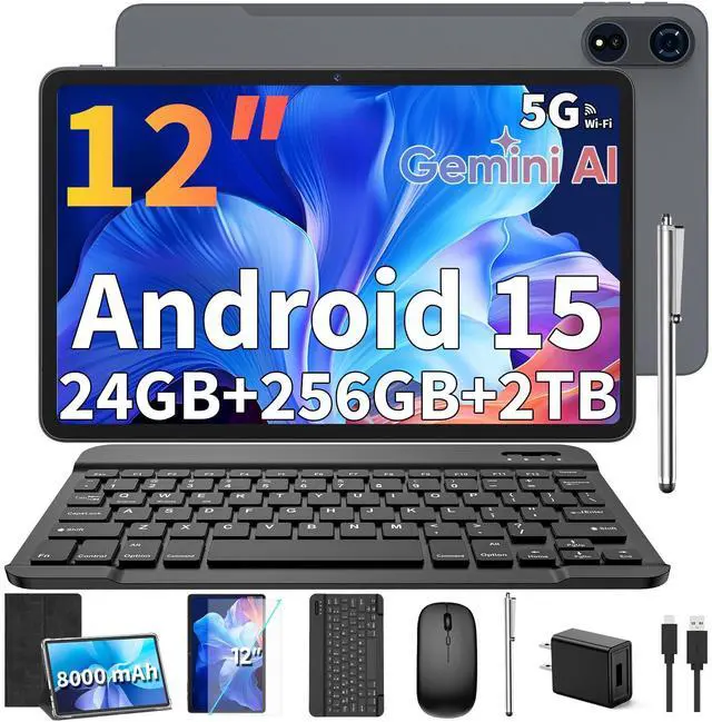 Main image of Relndoo 2025 12 Inch Tablet, 24GB8+16 RAM+256 Storage(Expand to 2TB), Android 15 Tablet with Keyboard, Octa-Core, 2K 2000x1200 Display, 16MP Dual Camera, 8000mAh, 5G WiFi,GPS,Bluetooth 5.0Black
