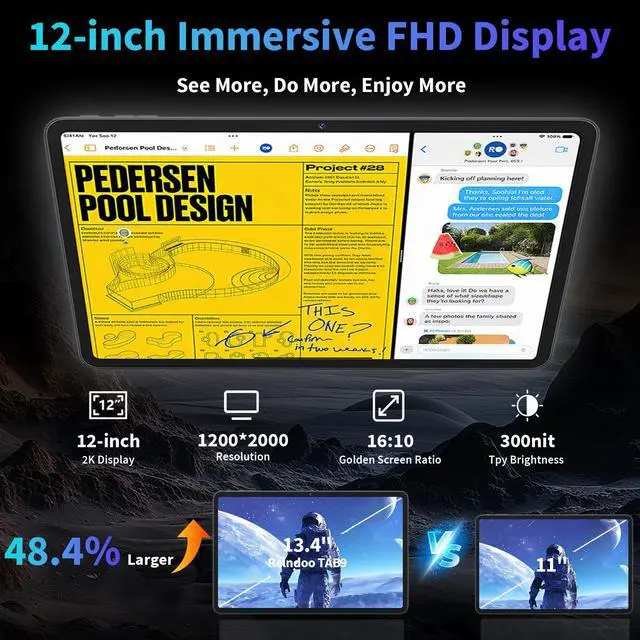 Alt view image 2 of 5 - Relndoo 2025 12 Inch Tablet, 24GB8+16 RAM+256 Storage(Expand to 2TB), Android 15 Tablet with Keyboard, Octa-Core, 2K 2000x1200 Display, 16MP Dual Camera, 8000mAh, 5G WiFi,GPS,Bluetooth 5.0Black