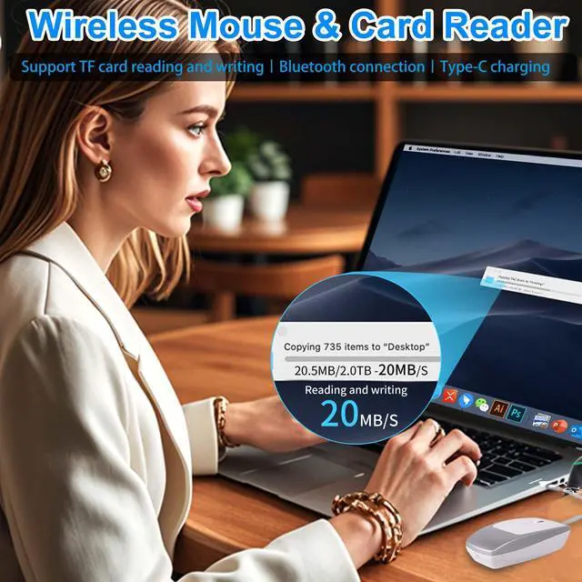 Alt view image 2 of 5 - Wireless Mouse Mini Small Bluetooth with Card Reader (Up to 2TB) Portable Silent Rechargeable Optical Travel Thin Finger Mice 3 Levels DPI for PC Smartphone Laptop Tablet Android Windows GiftSilver