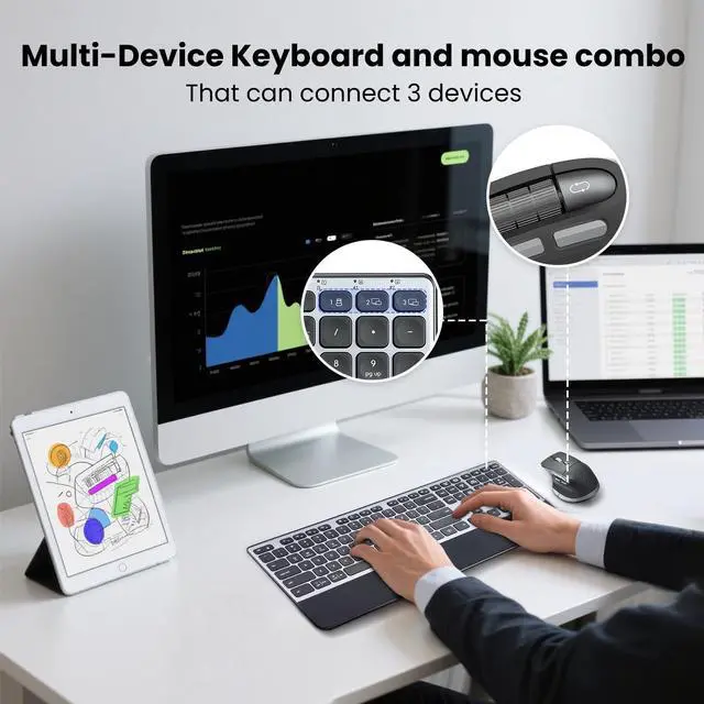 Alt view image 4 of 5 - Wireless Keyboard and Mouse Combo, 2-in-1 USB Receiver & Dual Bluetooth, Scissor-Switch Keys, Smart Flying Scroll for Windows, Mac, Linux, Chrome  Ideal for Office & Students (US Layout)