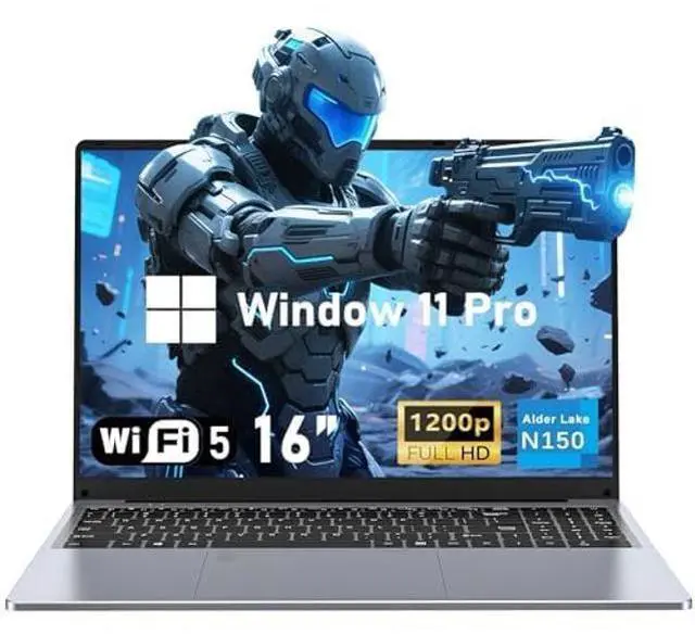 Main image of Gaming Laptop Computer, 16 Inch Lap Top PC Win 11 Pro 2025, N150 (Up to 3.6GHz), 16GB RAM 1TB SSD, Integrated Graphics (1GHz), IPS 1920x1200 Display, 6000mAh Battery, WiFi 5 /BT4.2, Backlit Keyboard