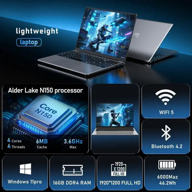 Alt view image 2 of 5 - Gaming Laptop Computer, 16 Inch Lap Top PC Win 11 Pro 2025, N150 (Up to 3.6GHz), 16GB RAM 1TB SSD, Integrated Graphics (1GHz), IPS 1920x1200 Display, 6000mAh Battery, WiFi 5 /BT4.2, Backlit Keyboard