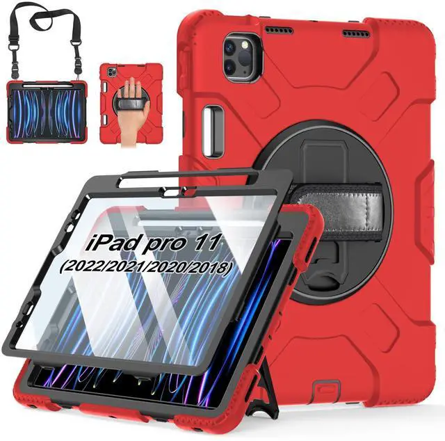 Main image of Case for iPad Pro 11 Inch 2022/2021/ 2020/2018: Silicone Cover for iPad 11 Inch 4th/ 3rd/ 2nd/ 1st/ Generation with Screen Protector- Stand- Handle- Shoulder Strap- Pencil Holder- Red