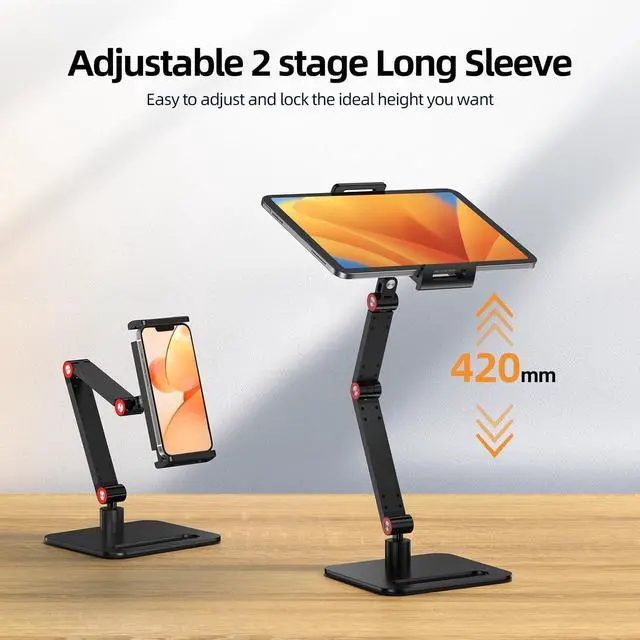 Alt view image 4 of 5 - UPERFECT Adjustable Tablet Stand, 360° Swivel & 180° Tilt, Foldable Arm Holder for 4.718'' iPhone/iPad/Tablet/Monitor, Aluminum Alloy, Black